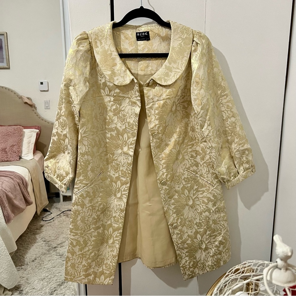 Gold Brocade Statement Coat with Peter Pan Collar